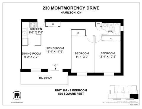 Floor plan for 2 beds, 1 bath, 836 sqft